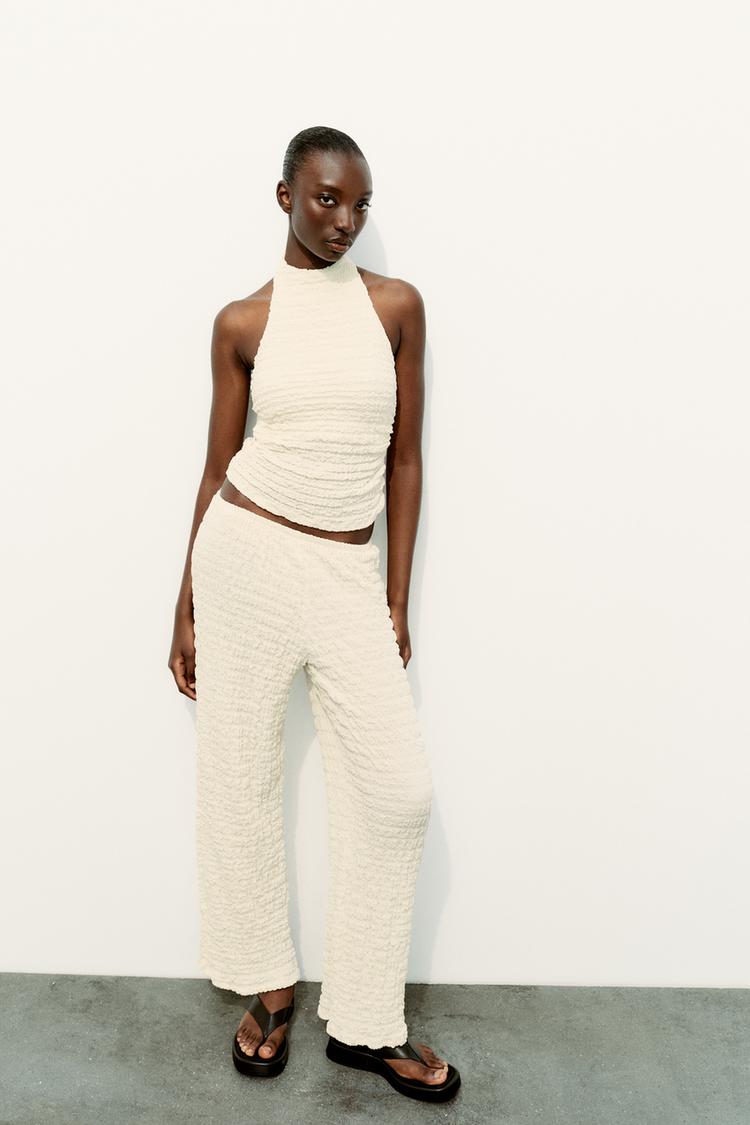 Halter Neck Top with Textured Pattern and Matching Trousers Set