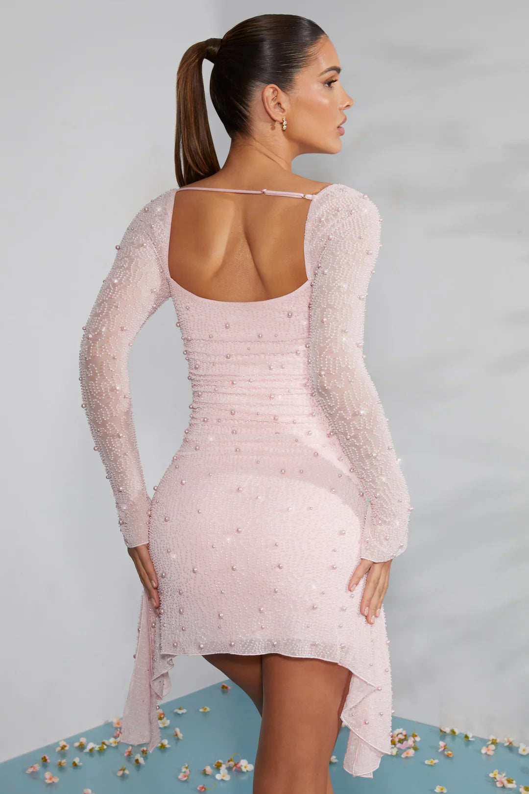 Embellished Long Sleeve Cowl Neck Mini Dress in Blush