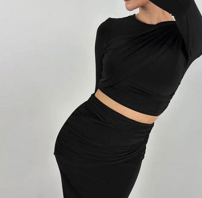 White Fold Crop Top and Long Bodycon Skirt Two Piece Set