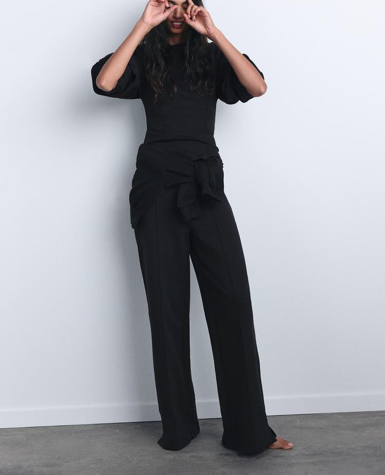 Elegant Black Puff Sleeve Top & Wide-Leg Trouser Set