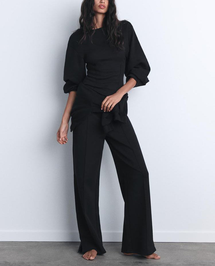 Elegant Black Puff Sleeve Top & Wide-Leg Trouser Set