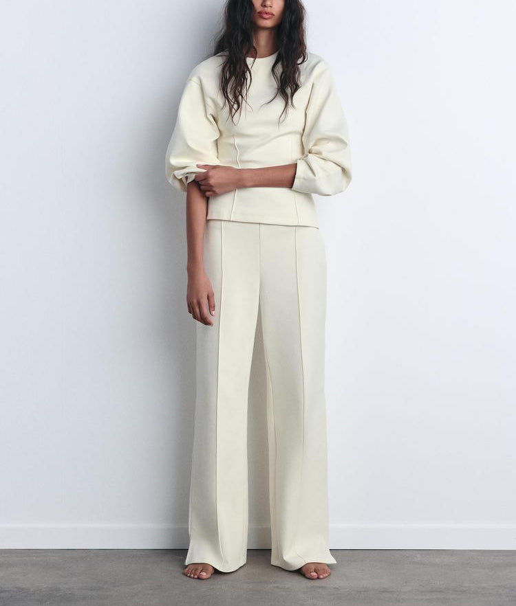 Elegant Black Puff Sleeve Top & Wide-Leg Trouser Set