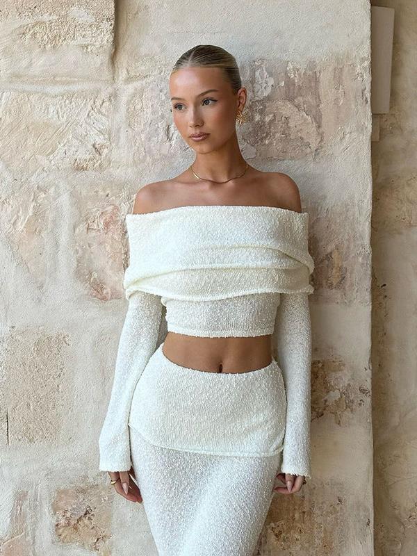 White Off Shoulder Crop Top and Sheer Maxi Skirt Two Piece Set