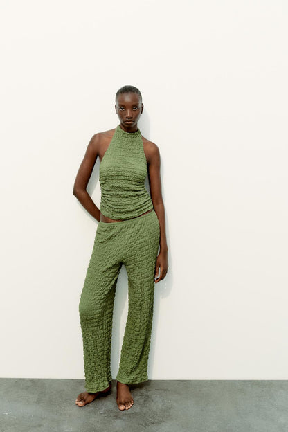 Halter Neck Top with Textured Pattern and Matching Trousers Set