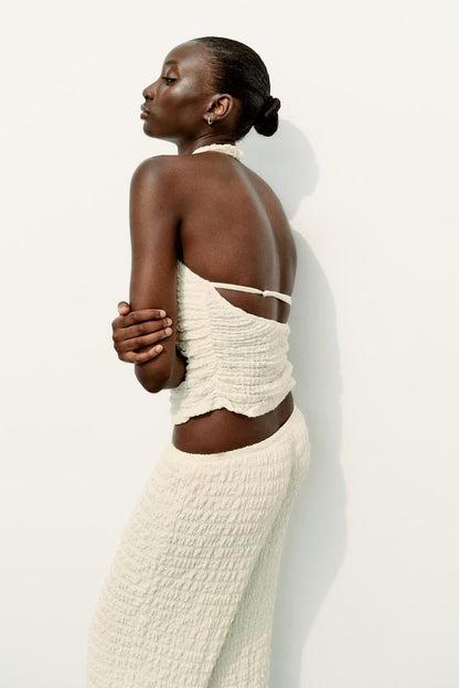 Halter Neck Top with Textured Pattern and Matching Trousers Set