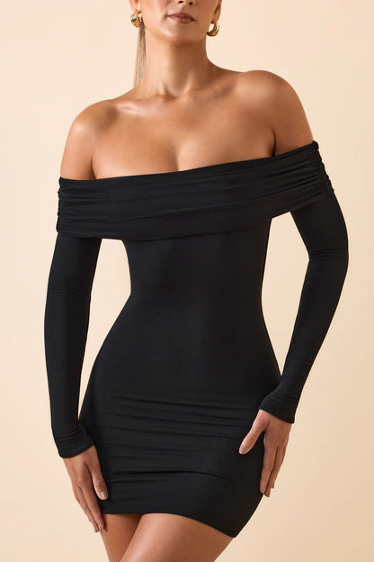 Off-Shoulder Mini Dress in Soft Black Modal