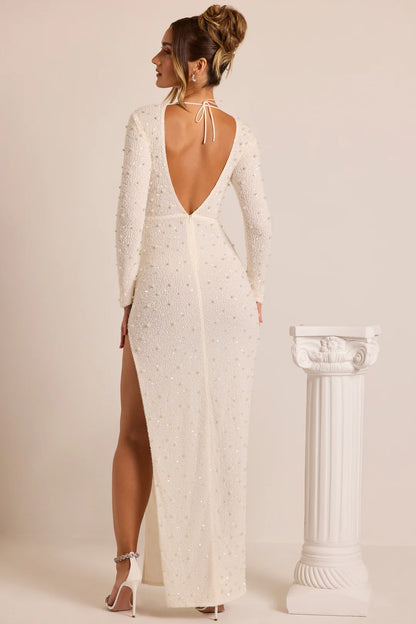 Embellished Ruffled Cowl-Neck Bandeau Mini Dress in White