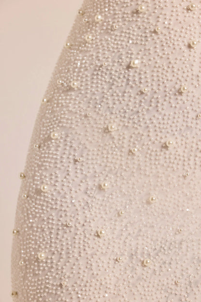 Embellished Ruffled Cowl-Neck Bandeau Mini Dress in White