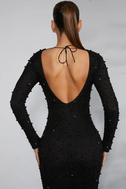 Black Long Sleeve Backless Maxi Dress with Embellishments