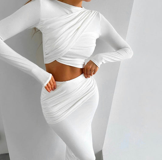 White Fold Crop Top and Long Bodycon Skirt Two Piece Set