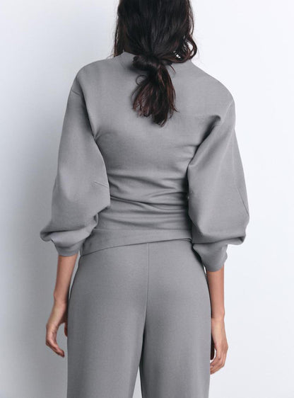 Elegant Black Puff Sleeve Top & Wide-Leg Trouser Set